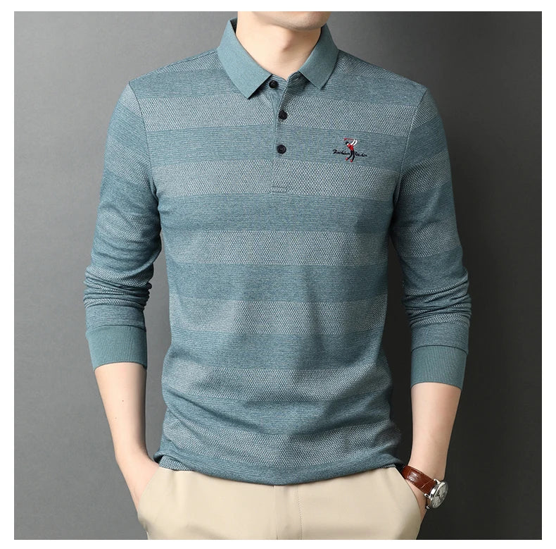 2025 High End New Fashion Brand Striped Designer Embroidery Casual Turn Down Collar Long Sleeve Polo Shirts Men Tops Men Clothes