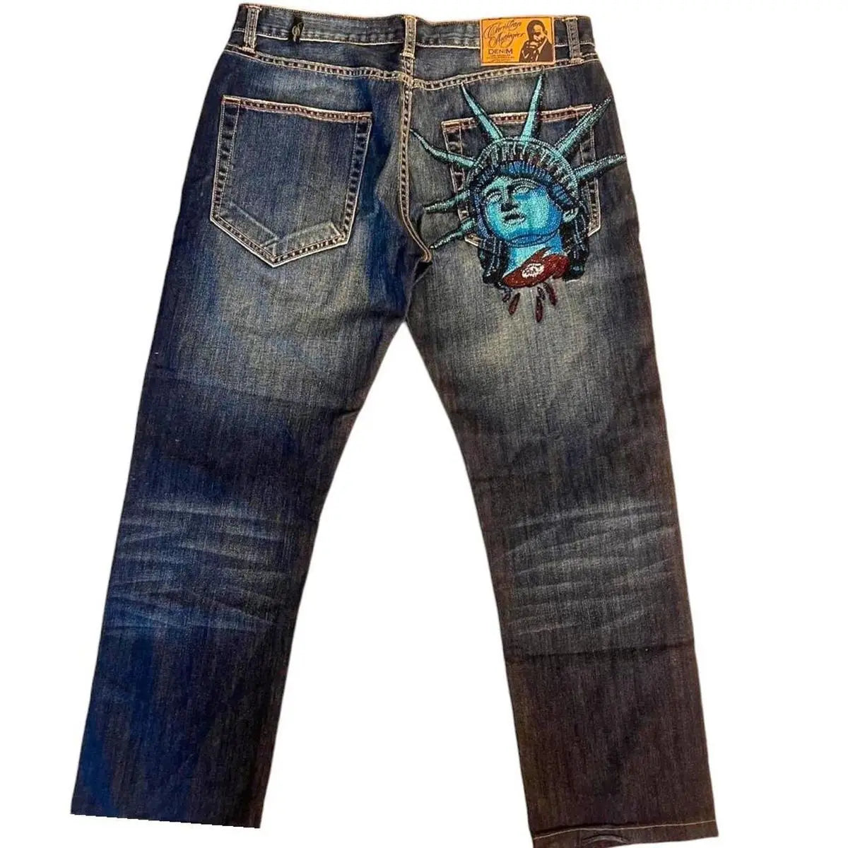 High Waist Wide Leg Denim Jeans with Statue of Liberty Diamond Design