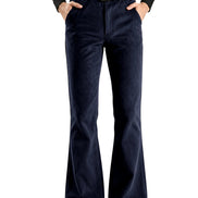 A person wearing dark navy flared pants with a black belt and black shoes, shown from the waist down against a plain white background.