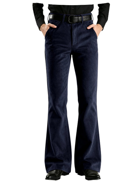 A person wearing dark navy flared pants with a black belt and black shoes, shown from the waist down against a plain white background.
