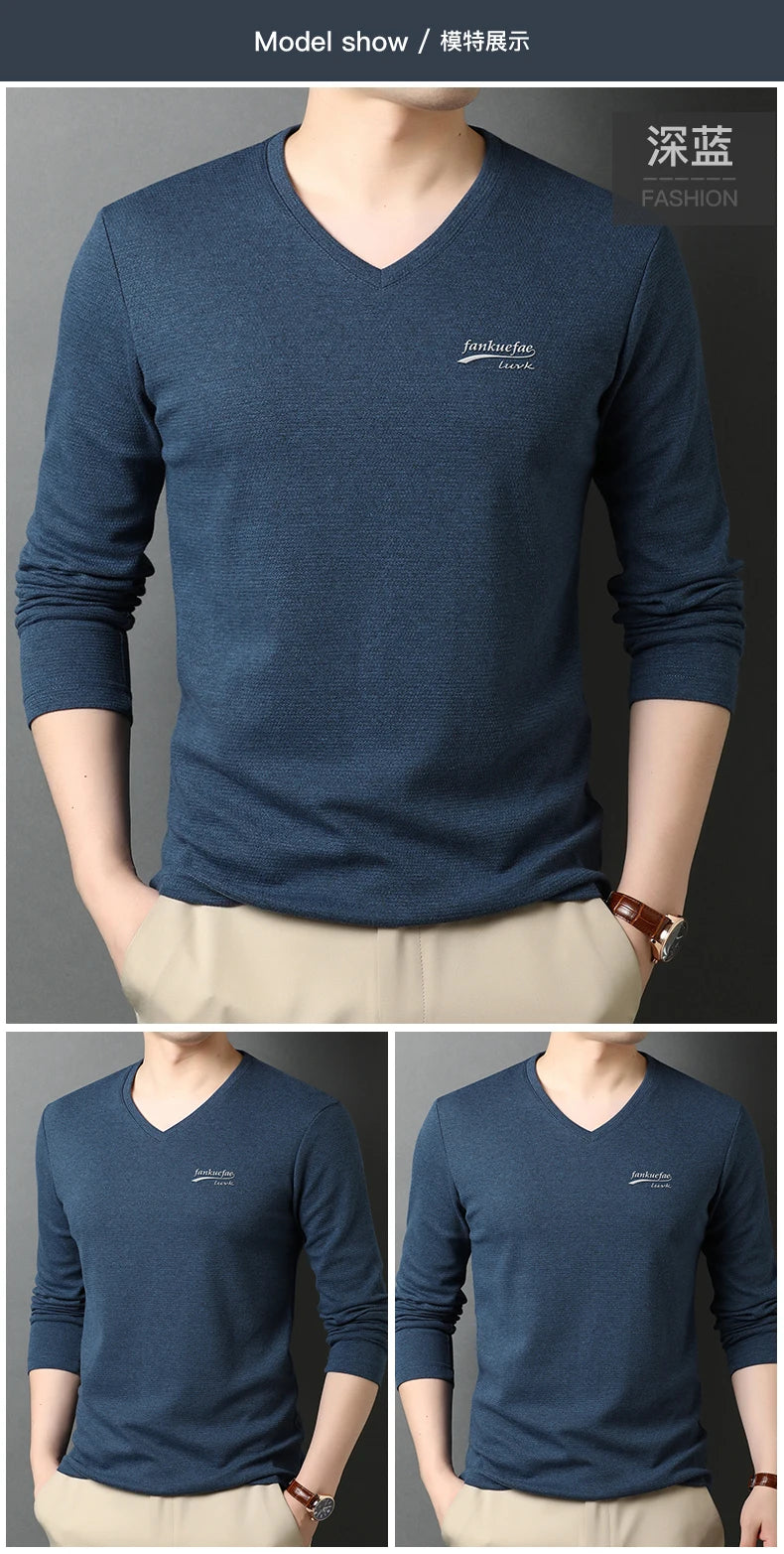 Top Quality New Fashion Brand Solid Color Plain V Neck Long Sleeve t Shirt Men Cotton Casual Men Clothes 2025