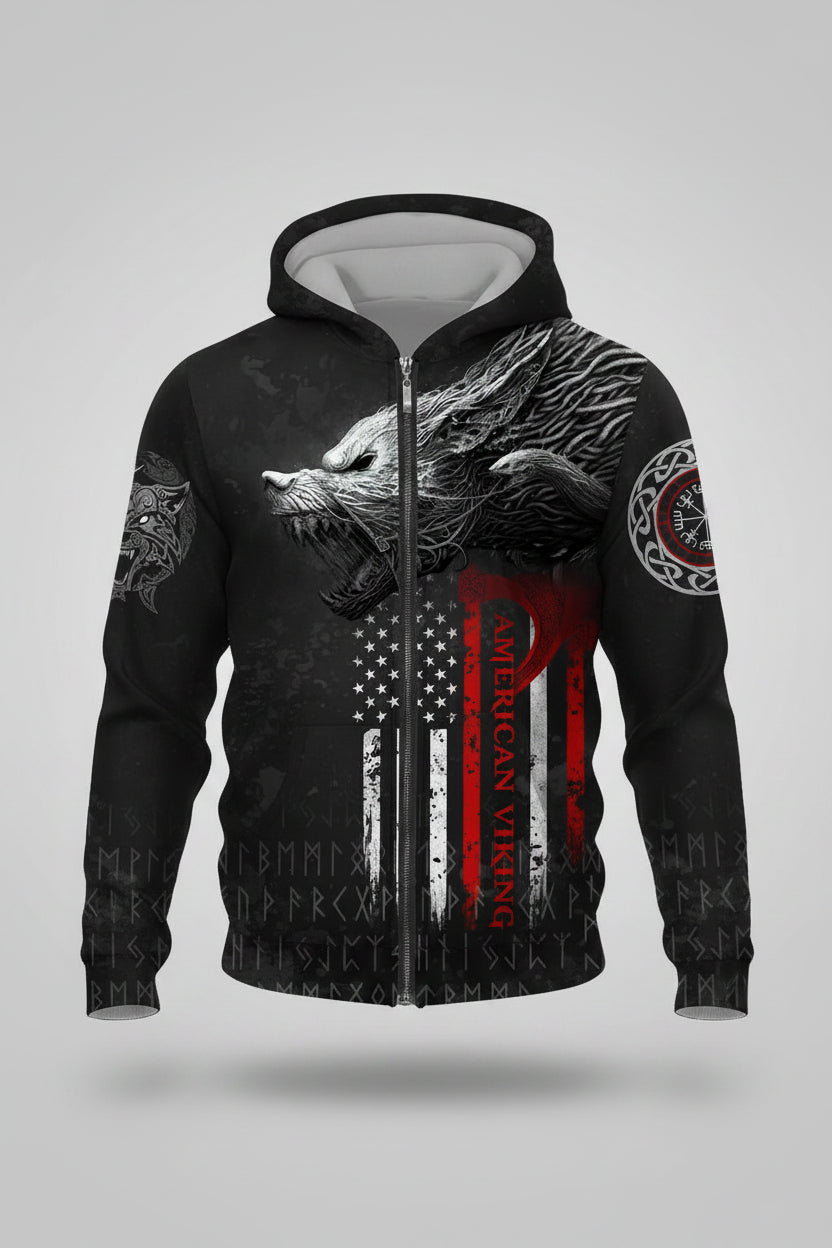 Black hoodie with wolf design and American Viking logo on a white background