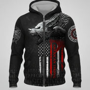 Black hoodie with wolf design and American Viking logo on a white background