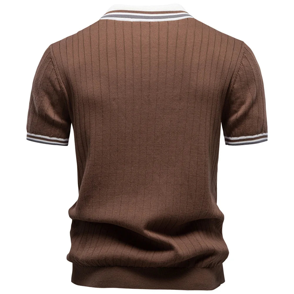 Men's Knitted Polo Shirt Summer Short Sleeve Striped Collar Casual Business Tops Brown With Striped Collar and Cuffs