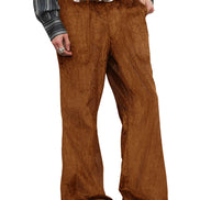 A person wearing wide-leg brown corduroy pants with a brown belt, a patterned waistcoat, and brown shoes, shown against a plain white background.