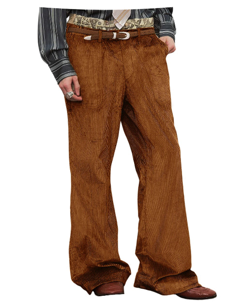 A person wearing wide-leg brown corduroy pants with a brown belt, a patterned waistcoat, and brown shoes, shown against a plain white background.