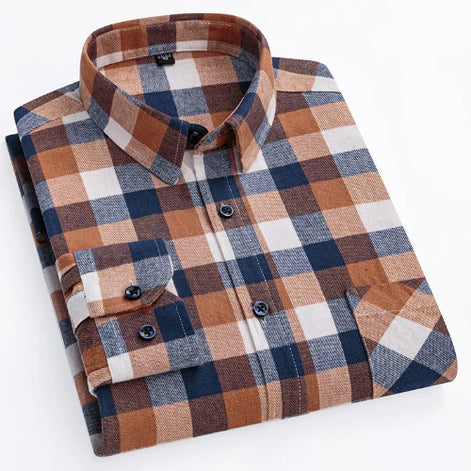 A folded long-sleeve plaid button-up shirt with a collar, featuring a checkered pattern in brown, navy blue, white, and beige on a clean white background.