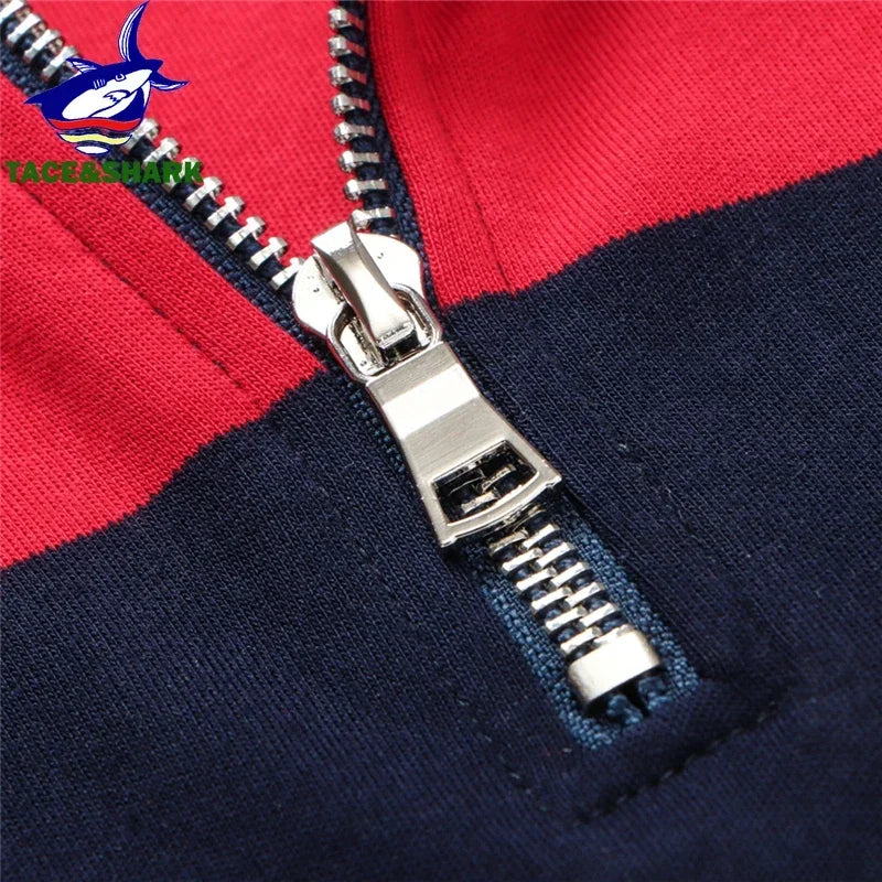 TACE&SHARK Brand Hot Sale Fashion Business Stripes Embroidery Long Sleeve Polo Shark Tops Men Autumn Half Zipper Slim Clothes