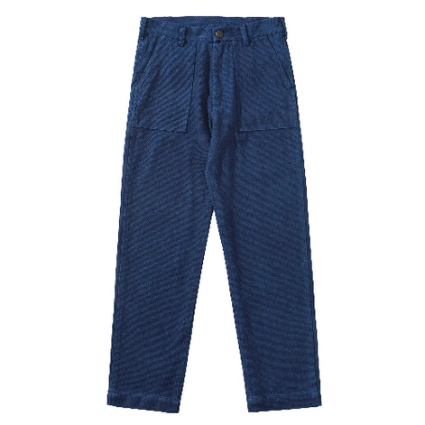 Indigo sashiko fatigue pants with straight legs and large front patch pockets, shown from the front on white.