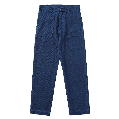 Indigo sashiko fatigue pants with straight legs and large front patch pockets, shown from the front on white.