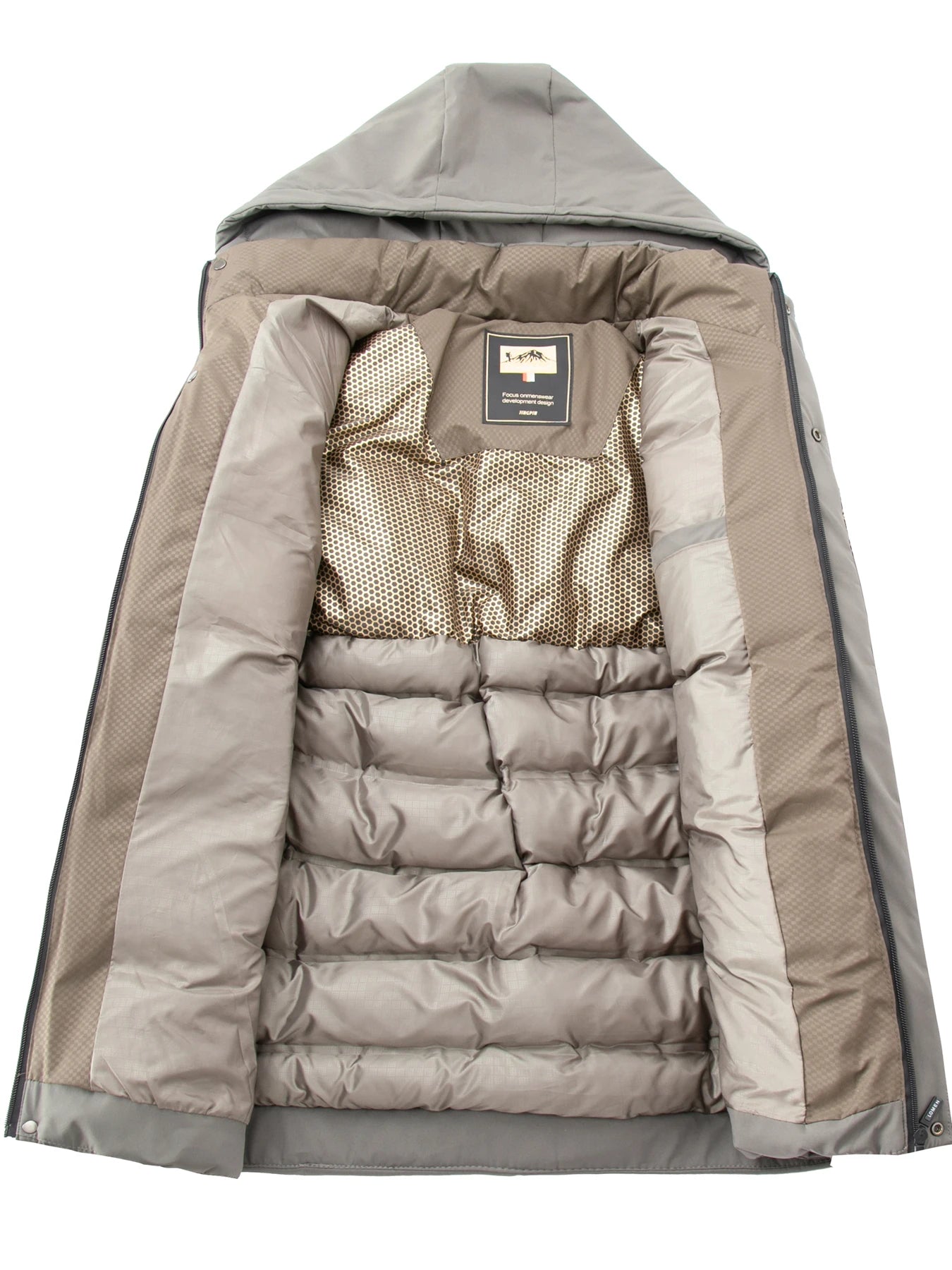 Beige puffer jacket with hood on a white background