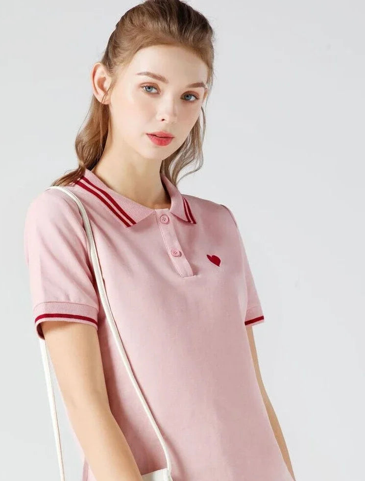Polo Neck Shirt for Women Button 100℅ Cotton White Embroidery Baggy Woman T Pulovers High Quality Korean Popular Clothes Youth