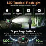 An infographic-style promotional graphic for a tactical LED flashlight watch. The design features a dark background with a person walking through a dark forest path illuminated by the flashlight beam, 