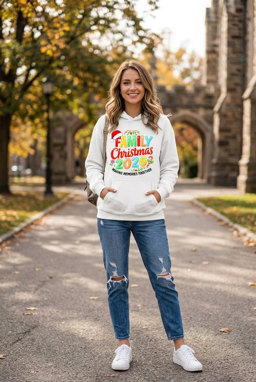 A white pullover hoodie laid flat with a colorful Christmas-themed graphic reading 'FAMILY Christmas 2026' and 'MAKING MEMORIES TOGETHER,' plus a Santa hat and candy cane motifs. 