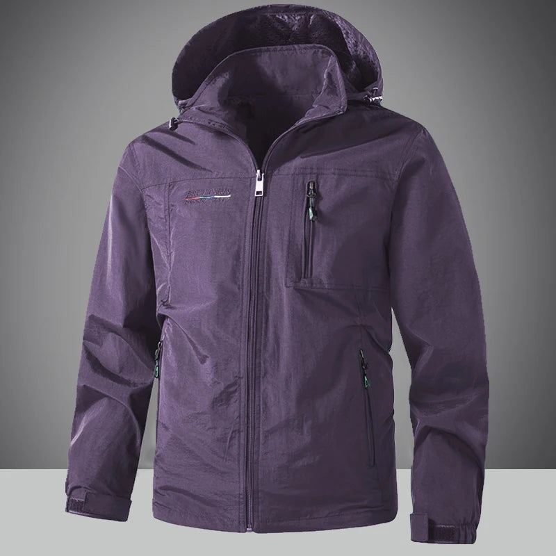 Purple jacket with a hood on a gray background