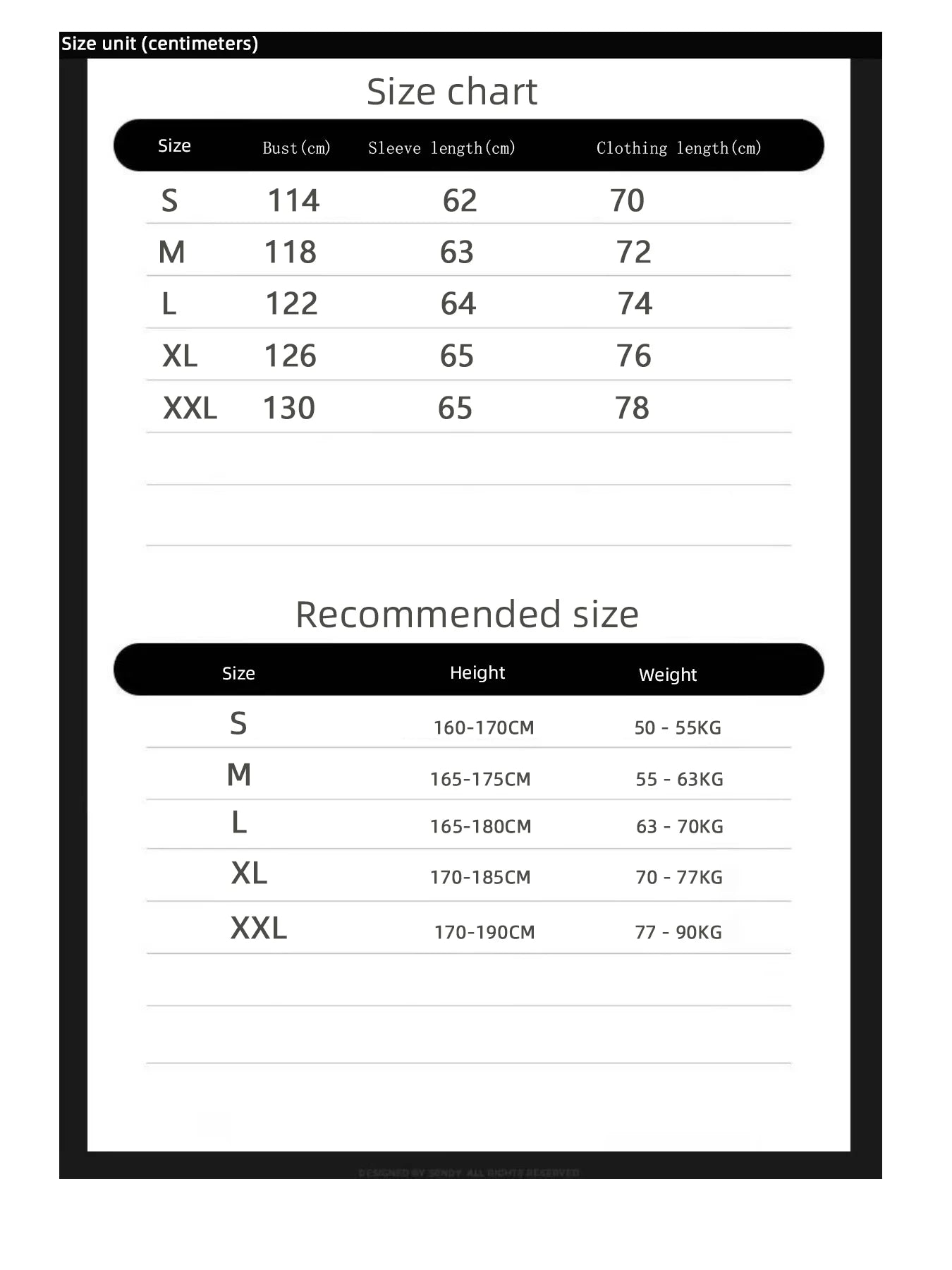 Size chart for clothing with measurements in centimeters and recommended size chart for height and weight.