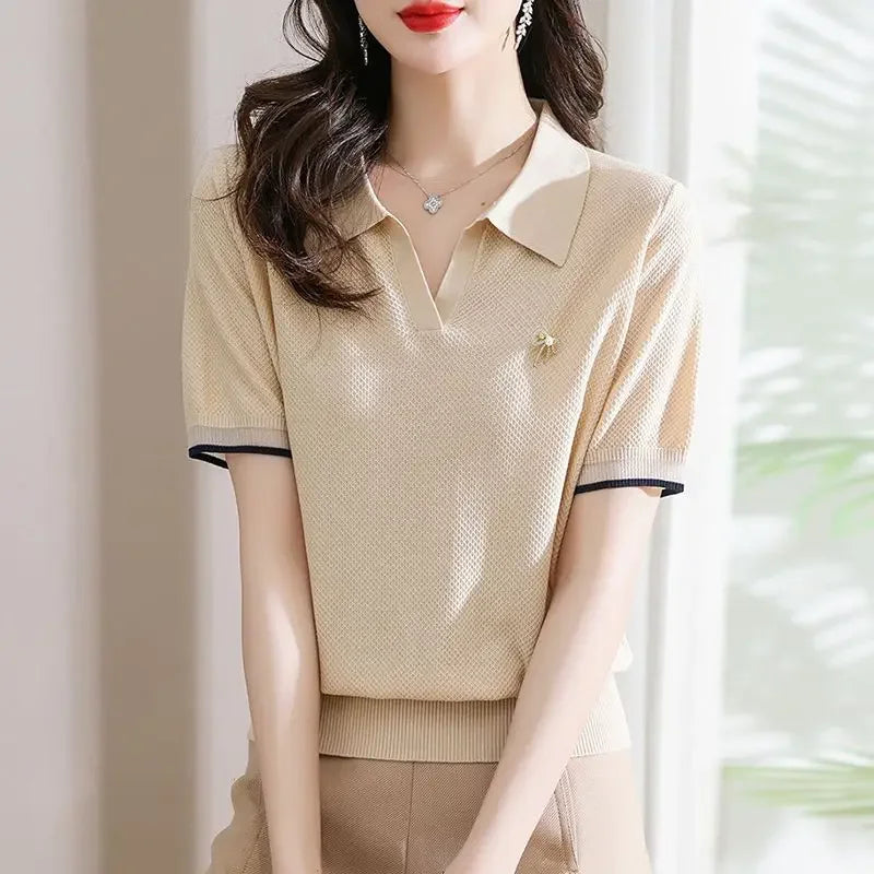Female Tee Baggy Plain Knitted Cute T-shirts Kawaii Women's Polo Pulovers Offer Comfortable Summer 2025 with Collar New On