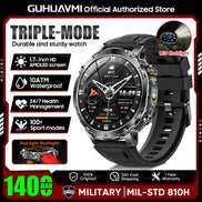 Smartwatch with features highlighted on a promotional graphic for GUHUAVMI.