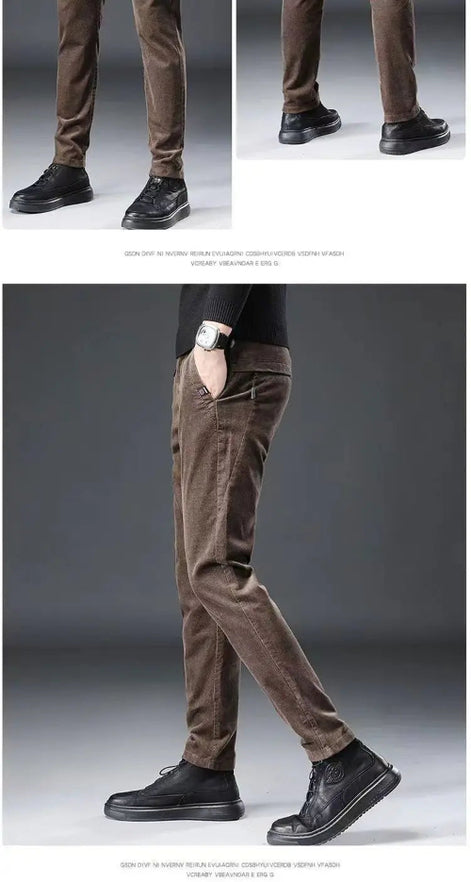 Brown corduroy pants worn by a person on a gray background