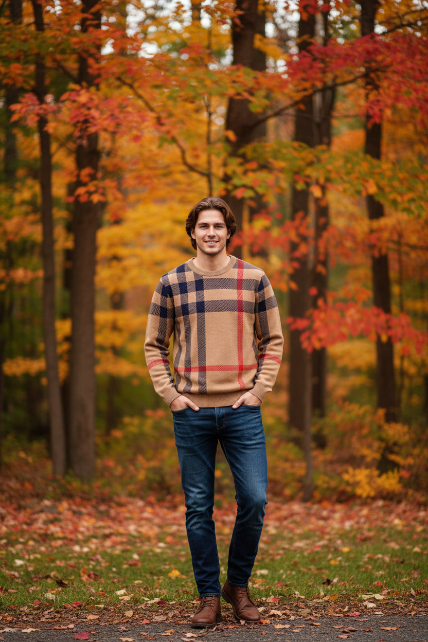 Plaid sweater with beige, red, and navy pattern on a gray background