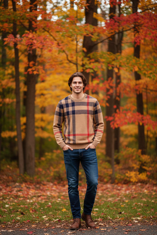 Plaid sweater with beige, red, and navy pattern on a gray background