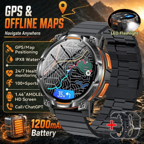 Black rugged smartwatch with a metal link band, shown with promotional text and feature callouts including GPS & offline maps, LED flashlight, health monitoring, IPX8 water resistance, 