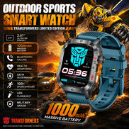 A Transformers-themed promotional graphic for an outdoor sports smart watch. The watch has a dark metallic silver case 