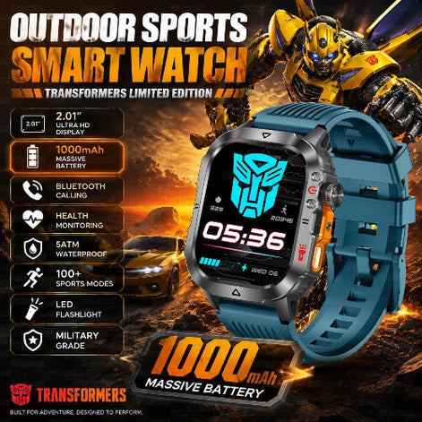 A Transformers-themed promotional graphic for an outdoor sports smart watch. The watch has a dark metallic silver case 
