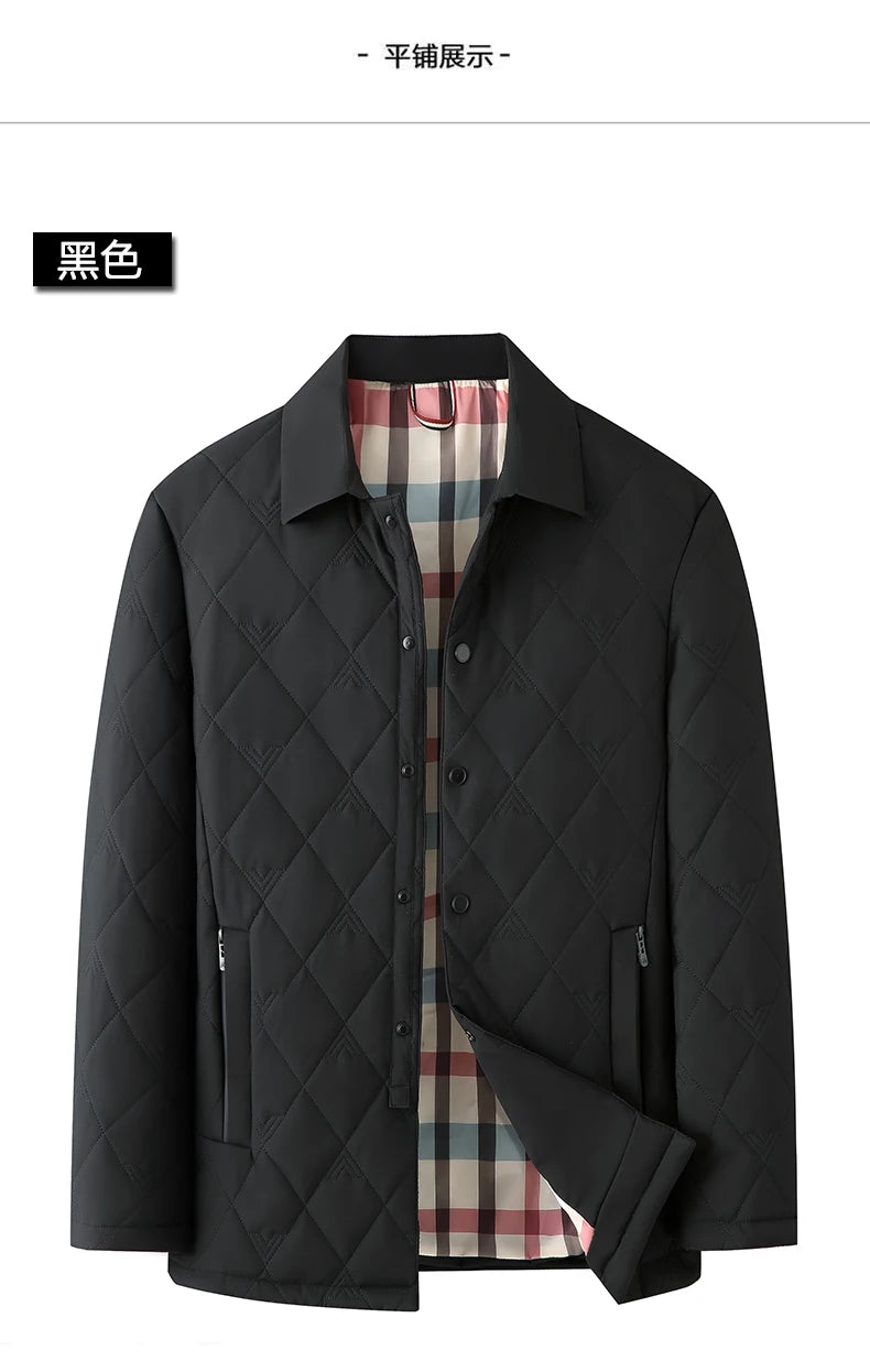 Top Grade Men Parka Jacket Windbreaker Coats Diamond Quilted Bubble Coat Middle-aged Winter Warmth Turn-Down Collar Coat