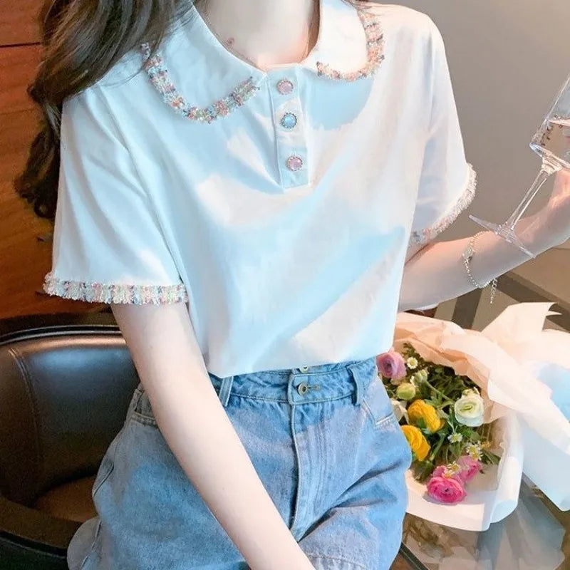 Short Sleeve Button T-shirts Summer Outfit Lapel Baggy Female Tee Aesthetic Clothing Sales Y2k Fashion Youth Women's Polo Shirts