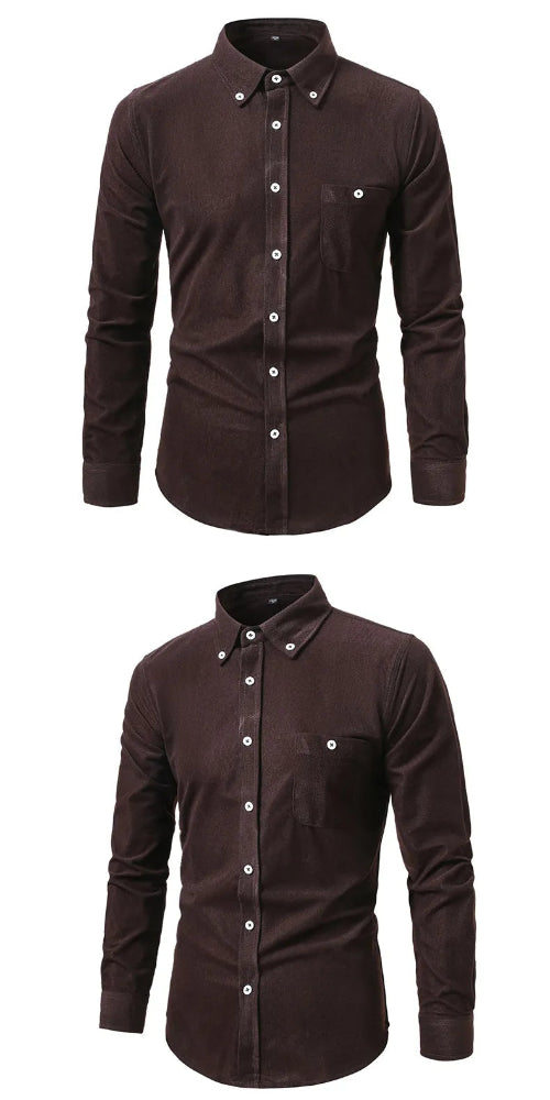 A men's long-sleeve button-down shirt shown in two views on a plain white background. 