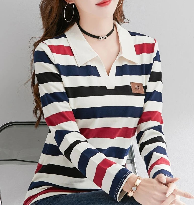 Slimming Striped Polo T-Shirt for Women 100% Cotton Long Sleeve Innerwear for 2026 Transitional Wardrobe