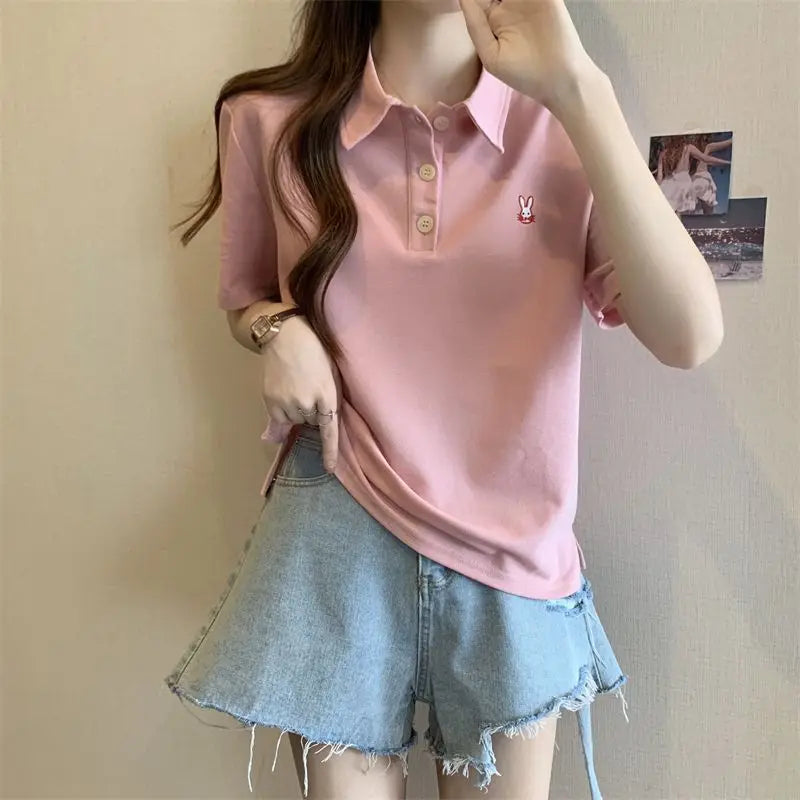 Pink Woman 100℅ Cotton Tshirt Embroidery Polo Neck T Shirt for Women Korean Clothing Y2k Fashion High Quality Youthful Elegant