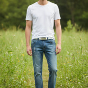 Pair of blue jeans displayed with and without a person wearing them.