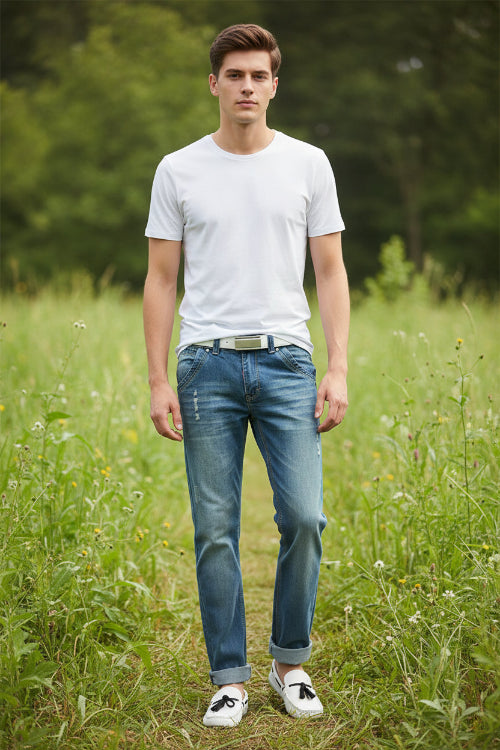 Pair of blue jeans displayed with and without a person wearing them.