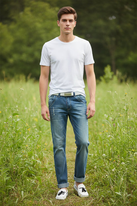 Pair of blue jeans displayed with and without a person wearing them.