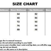 Size chart for clothing measurements in centimeters
