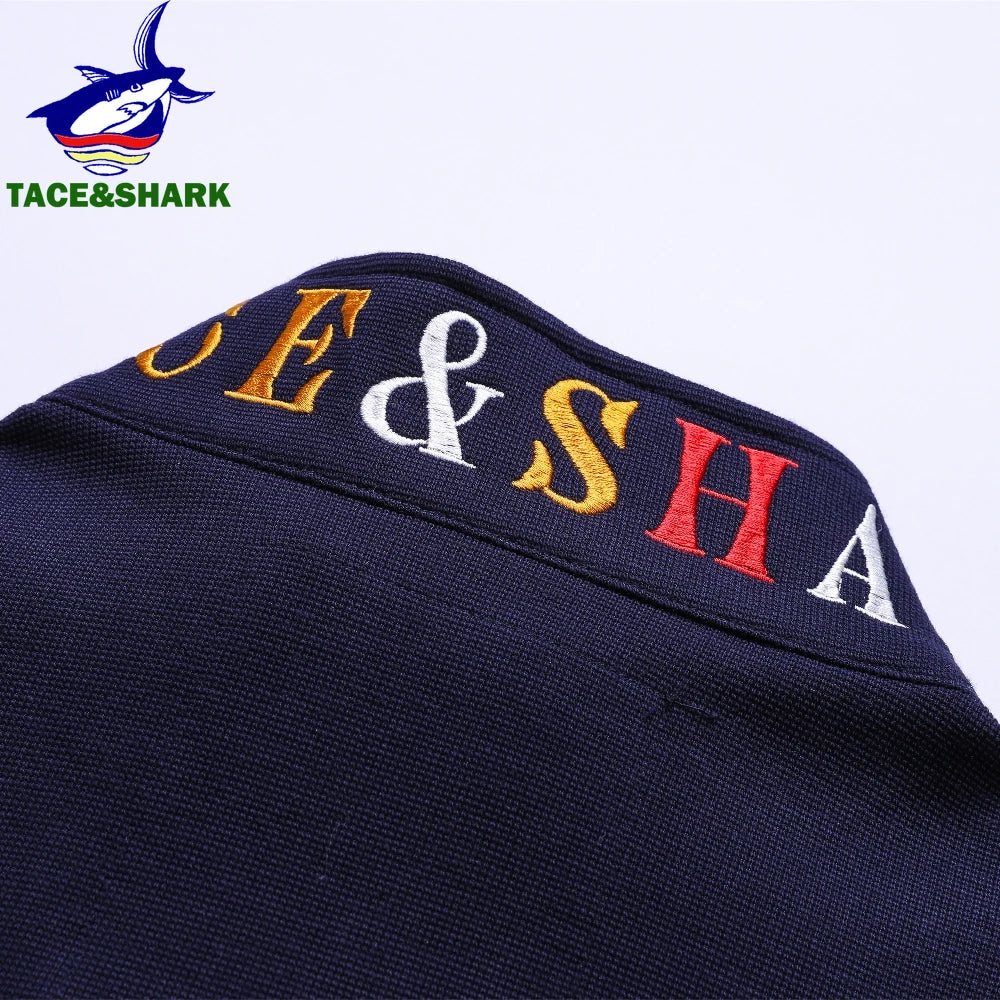 TACE&SHARK Fashion Men‘s Shark Embroidery Long Sleeve Polo Shirt Cotton Casual Wear Business Solid Color Tops