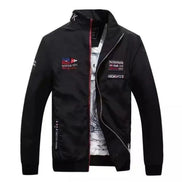 Black jacket with brand logos on a white background