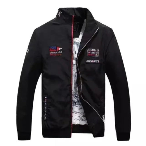 Black jacket with brand logos on a white background