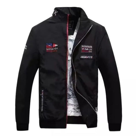 Black jacket with brand logos on a white background