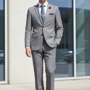 Gray suit with brown shoes on a mannequin against a light blue background