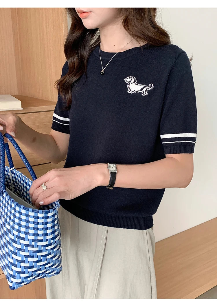 Summer 100% cotton women's T-shirt casual solid color knitted pullover short sleeved loose round neck Tees Pull embroidered Tops