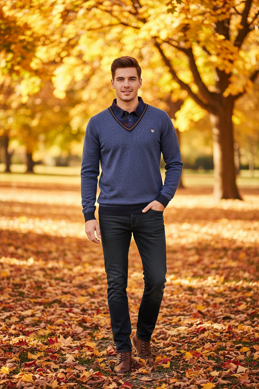 Folded blue sweater with a patterned collar on a white background