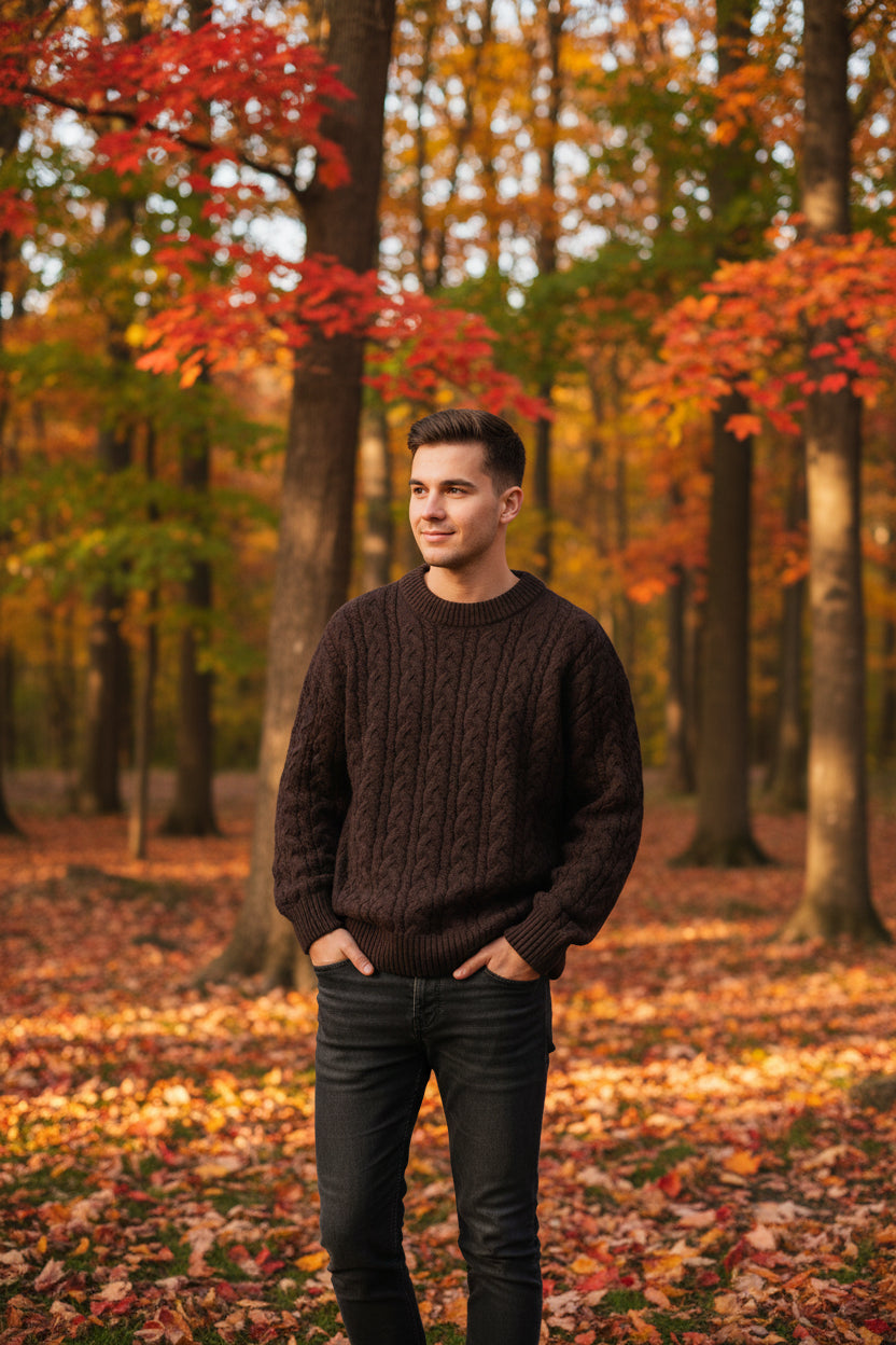 Dark brown cable knit sweater on a white background