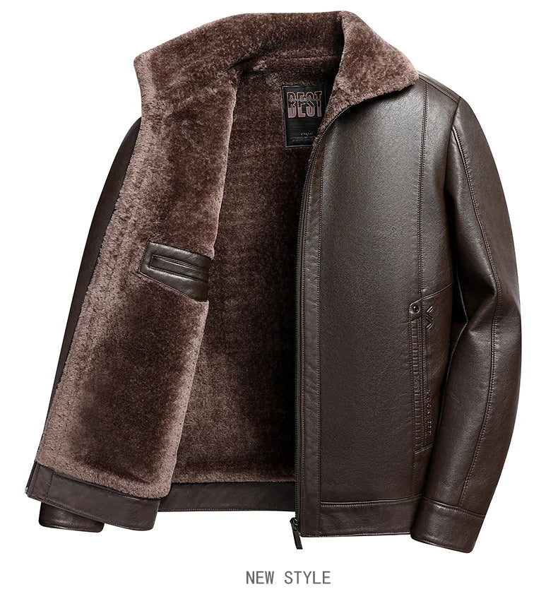 Add Fleece and Thickening Winter Dad Leather Jacket for Middle-aged Grandpa Fur Collar Middle-aged Men's Coat for Warmth