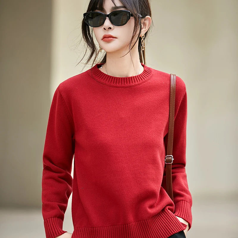Women's autumn and winter 100% pure cotton knitted round neck soft pullover casual solid color warm sweater fashionable hot sell