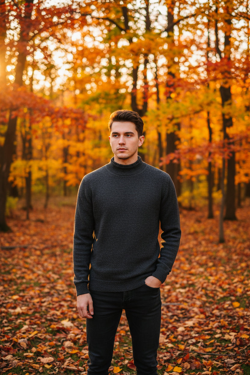 Dark gray turtleneck sweater with a hand touching the fabric, featuring a 'warm' icon.