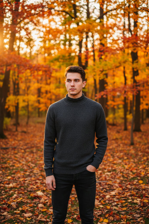 Dark gray turtleneck sweater with a hand touching the fabric, featuring a 'warm' icon.