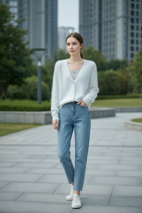 A person wearing a soft white fuzzy V-neck cardigan over a ribbed light gray top, with blue jeans